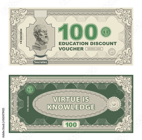 Vector money banknotes illustration with portrait of philosopher Socrates by sculptor Lisippo. classical statue . Back sides of money bills