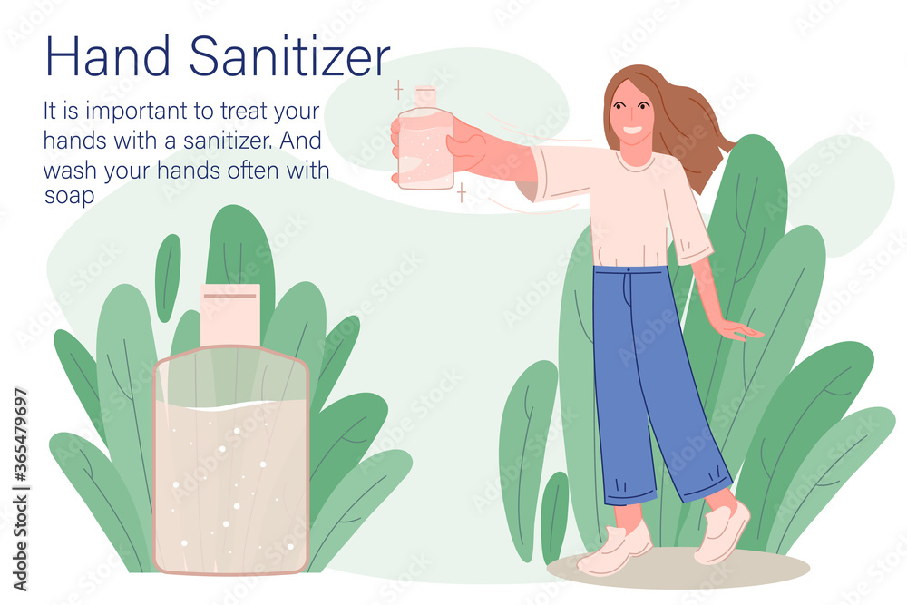 Girl with hand sanitizer on plants background vector illustration flat design Girl with hand sanitizer on plants background vector illustration flat design