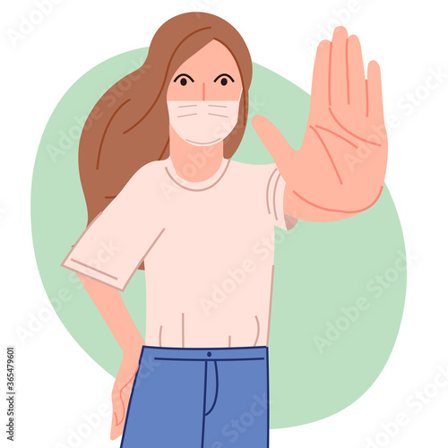 Girl stands with a mask and raised hand vector illustration cartoon flat design