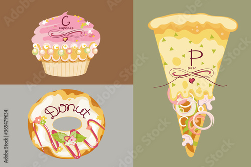 Delicious pastries. Cupcake, Donut and Pizza.