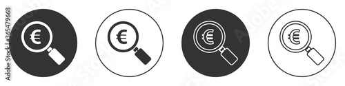 Black Magnifying glass and euro symbol icon isolated on white background. Find money. Looking for money. Circle button. Vector Illustration.