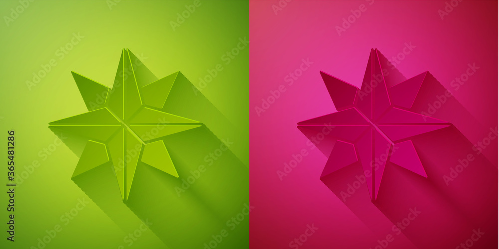 Paper cut Wind rose icon isolated on green and pink background. Compass icon for travel. Navigation design. Paper art style. Vector Illustration. Paper cut Wind rose icon isolated on green and pink background. Compass icon for travel. Navigation design. Paper art style. Vector Illustration.
