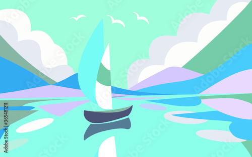 Fototapeta Naklejka Na Ścianę i Meble -  Vector illustration of sea landscape in flat design. Sailing boat at sea, with reflection on the water. Against the backdrop of mountains, clouds and seagulls