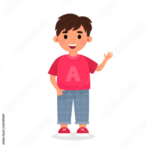 A cheerful boy in a t-shirt and trousers waves his hand. Vector illustration isolated on a white background. © Olga