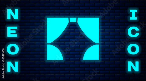 Glowing neon Curtain icon isolated on brick wall background. For theater or opera scene backdrop, concert grand opening or cinema premiere. Vector Illustration.