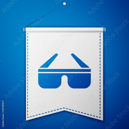 Blue 3D cinema glasses icon isolated on blue background. White pennant template. Vector Illustration.