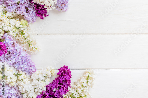 Lilac flowers branch on white wooden background with copyspace.