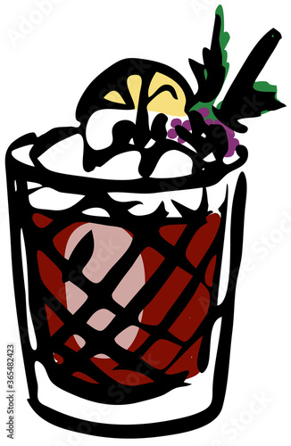 Stylish hand-drawn ink style Ice cold fresh bramble cocktail garnished with lemon and blackberries in classic crystal glass. Cocktail party card, invitations, posters, bar menu or cook book recipe