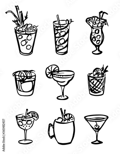 Collection set of icon hand-drawn doodle cartoon style vector illustration. Various alcohol cocktail glasses high ball martini margarita old fashioned Moscow mule. For card, poster or bar menu recipe