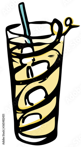 Stylish hand-drawn ink style Ice cold fresh yellow horse neck cocktail garnished with lemon zest twist in classic Collins glass. Cocktail party card, invitations, posters, bar menu cook book recipe