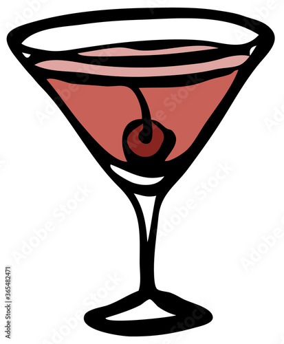 Stylish hand-drawn ink style cool red pink Cosmopolitan Manhattan garnished with maraschino cherry in classic martini glass. Cocktail party card, invitations, posters, bar menu cook book recipe