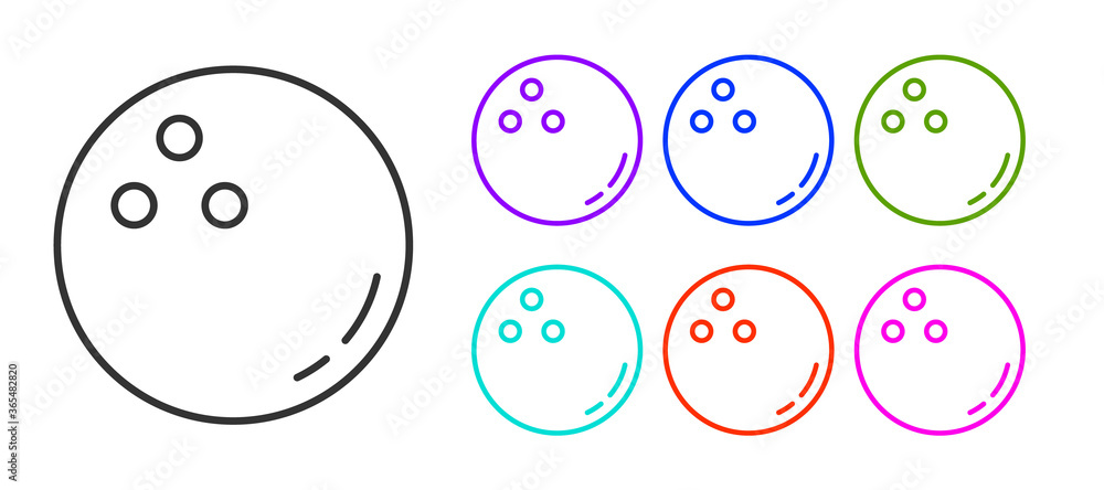 Black line Bowling ball icon isolated on white background. Sport equipment. Set icons colorful. Vector Illustration. Black line Bowling ball icon isolated on white background. Sport equipment. Set icons colorful. Vector Illustration.