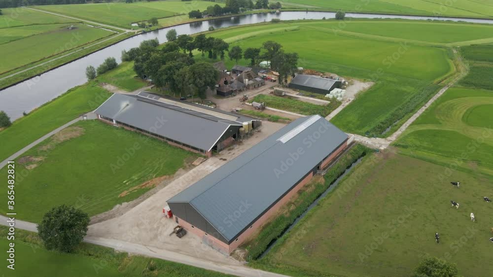 Aerial of farm near river in rural holland Aerial of farm near river in rural holland