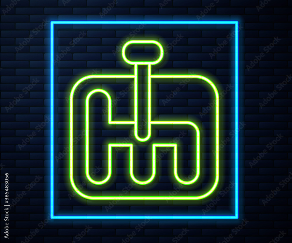 Glowing neon line Gear shifter icon isolated on brick wall background. Transmission icon. Vector Illustration. Glowing neon line Gear shifter icon isolated on brick wall background. Transmission icon. Vector Illustration.