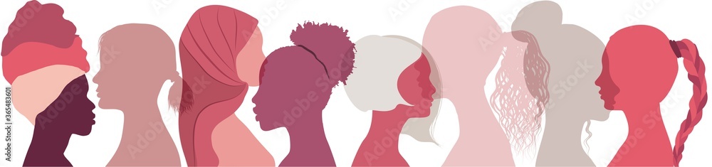 Silhouette group of multiethnic women who talk and share ideas and information. Social network female community. Communication women or girls of diverse cultures. Protest. Feminism