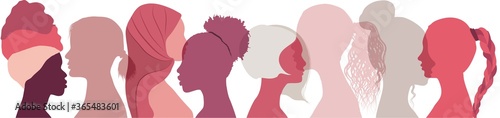 Silhouette group of multiethnic women who talk and share ideas and information. Social network female community. Communication women or girls of diverse cultures. Protest. Feminism