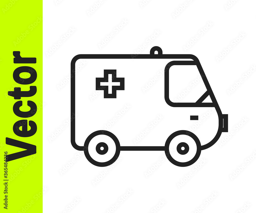 Black line Ambulance and emergency car icon isolated on white background. Ambulance vehicle medical evacuation. Vector Illustration. Black line Ambulance and emergency car icon isolated on white background. Ambulance vehicle medical evacuation. Vector Illustration.