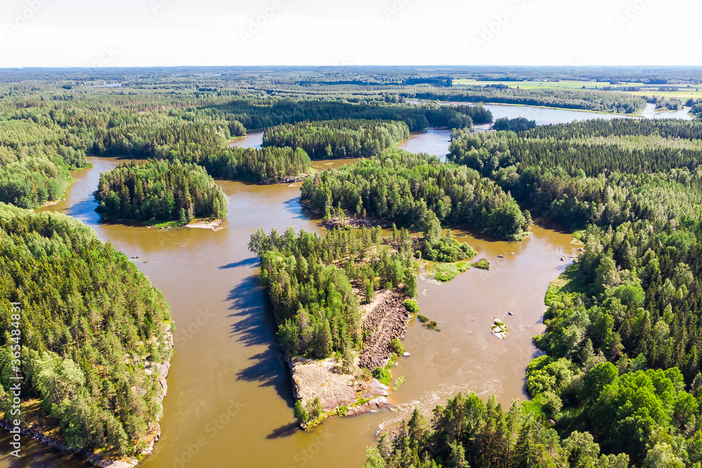 Fototapeta premium Aerial summer view of rapid Ahvionkoski at river Kymijoki, Finland.