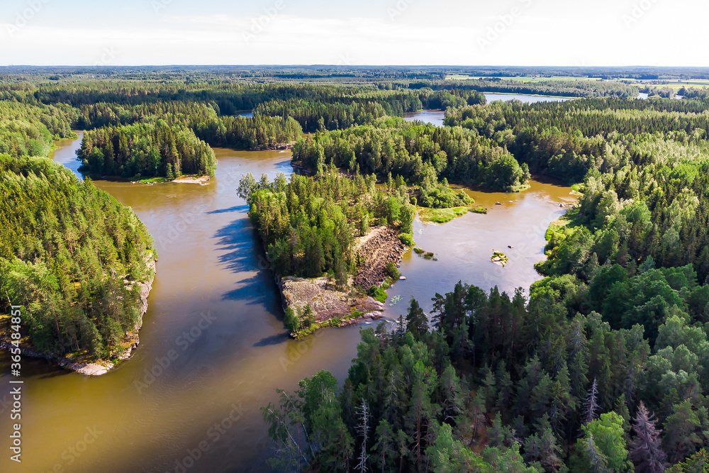 Aerial summer view of rapid Ahvionkoski at river Kymijoki, Finland.
