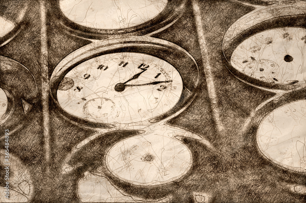 Φωτογραφία Sketch of a Watch Repair Shop: Effects of Time on Collection of Old, Broken and