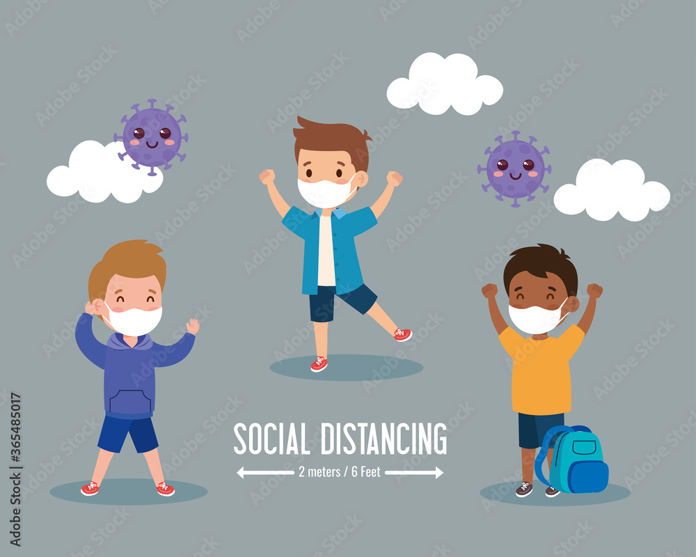 back to school for new normal lifestyle concept, children wearing medical mask and social distancing protect coronavirus covid 19 vector illustration design back to school for new normal lifestyle concept, children wearing medical mask and social distancing protect coronavirus covid 19 vector illustration design