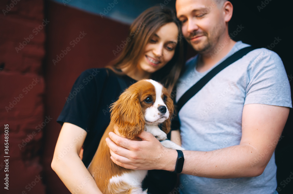 Young couple holding their King Charles spaniel puppy.
