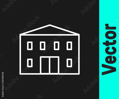 White line School building icon isolated on black background. Vector Illustration.