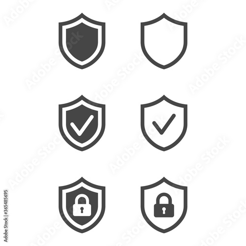 Shield with security and check mark icon isolated on white background. Set of icons. Vector illustration.