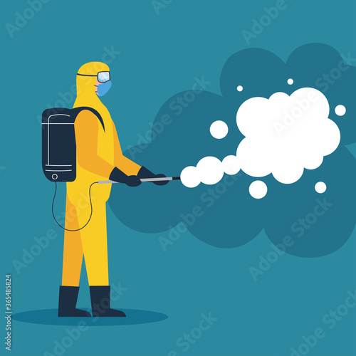 person in protective suit or clothing, spray to cleaning and disinfection virus, covid 19 disease, preventive measure vector illustration design