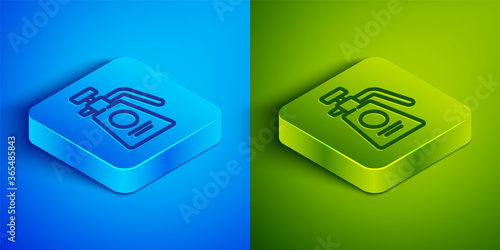 Isometric line Garden sprayer for water, fertilizer, chemicals icon isolated on blue and green background. Square button. Vector Illustration.