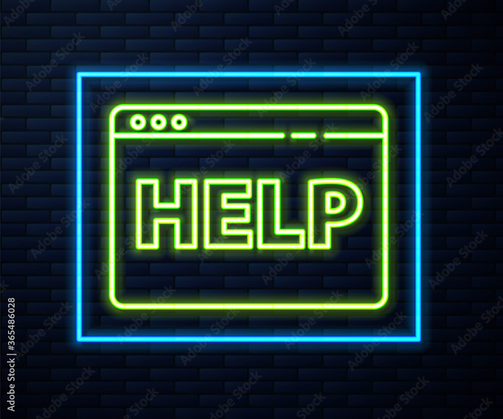 Glowing neon line Browser help icon isolated on brick wall background. Internet communication protocol. Vector Illustration. Glowing neon line Browser help icon isolated on brick wall background. Internet communication protocol. Vector Illustration.
