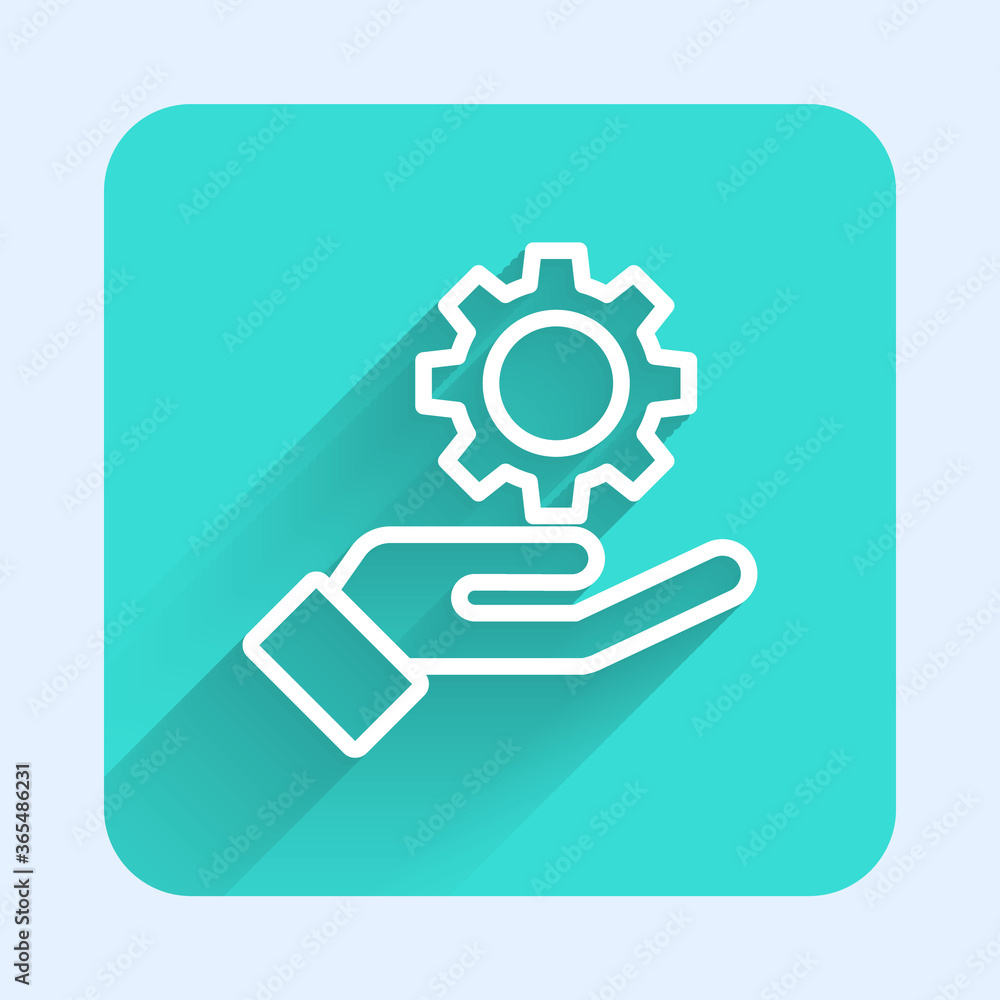 White line Settings in the hand icon isolated with long shadow. Green square button. Vector Illustration. White line Settings in the hand icon isolated with long shadow. Green square button. Vector Illustration.