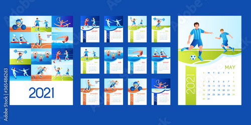 wall-mounted vertical vector calendar for 2021 with sports: football, basketball, tennis, running, Cycling, swimming, gymnastics, rowing, diving, fencing, Boxing. 12 sheets per month and cover
