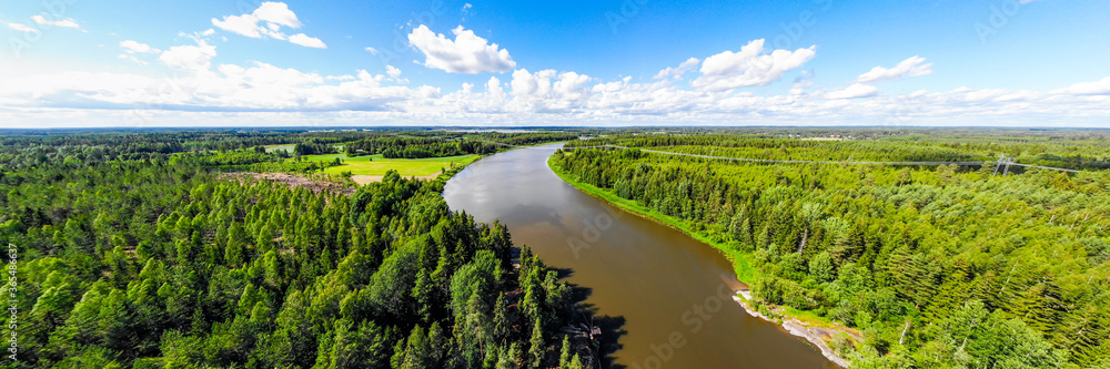 Aerial panoramic summer view of rapid Ahvionkoski at river Kymijoki, Finland.
