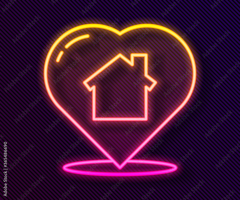Glowing neon line House with heart shape icon isolated on black background. Love home symbol. Family, real estate and realty. Vector Illustration. Glowing neon line House with heart shape icon isolated on black background. Love home symbol. Family, real estate and realty. Vector Illustration.