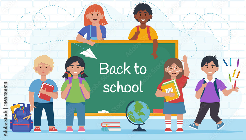 Happy children in the classroom near chalkboard, back to school concept. Vector illustration in flat style Happy children in the classroom near chalkboard, back to school concept. Vector illustration in flat style