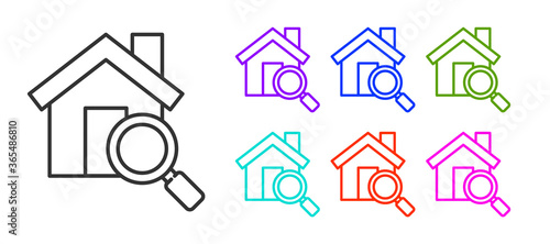Black line Search house icon isolated on white background. Real estate symbol of a house under magnifying glass. Set icons colorful. Vector Illustration.