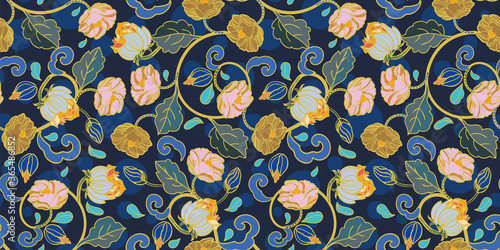 Vector royal baroque intarsia style floral pattern, seamless design with hand drawn historic florals on dark blue background. Nature background. Surface pattern design.