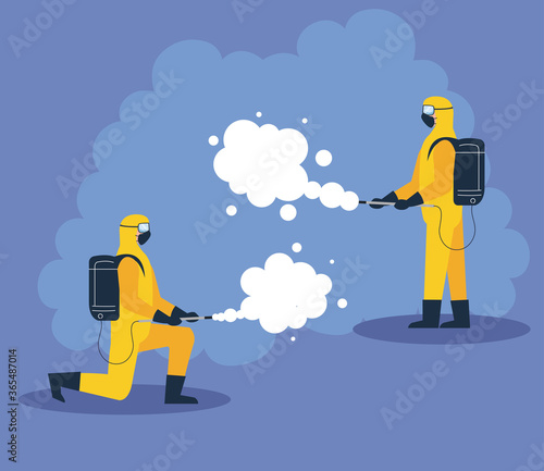 persons in protective suit or clothing, spray to cleaning and disinfection virus, covid 19 disease, preventive measure vector illustration design