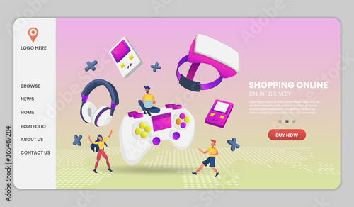 gaming on video game hardware in shopping online concept. Vector concept illustration.