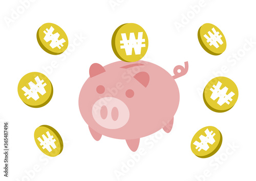 ブタの貯金箱とお金のイラスト: ウォン