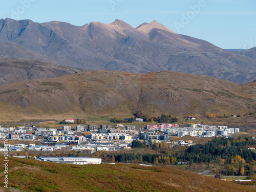 Icelandic town at foot of mountains