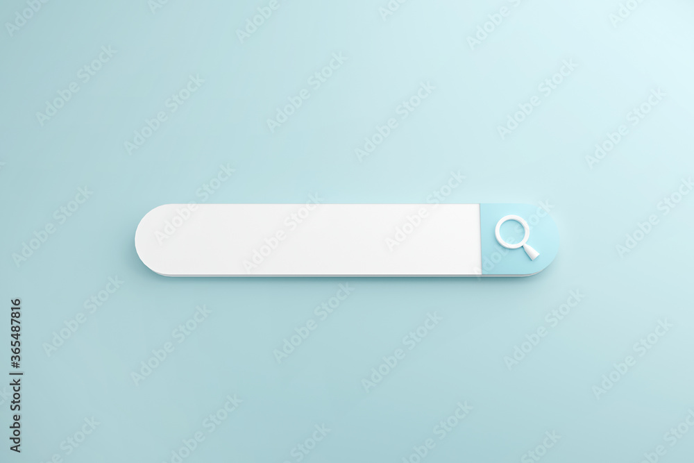 White search or magnifying glass in blank search bar on Blue Background, 3d render, minimal and copy space. White search or magnifying glass in blank search bar on Blue Background, 3d render, minimal and copy space.