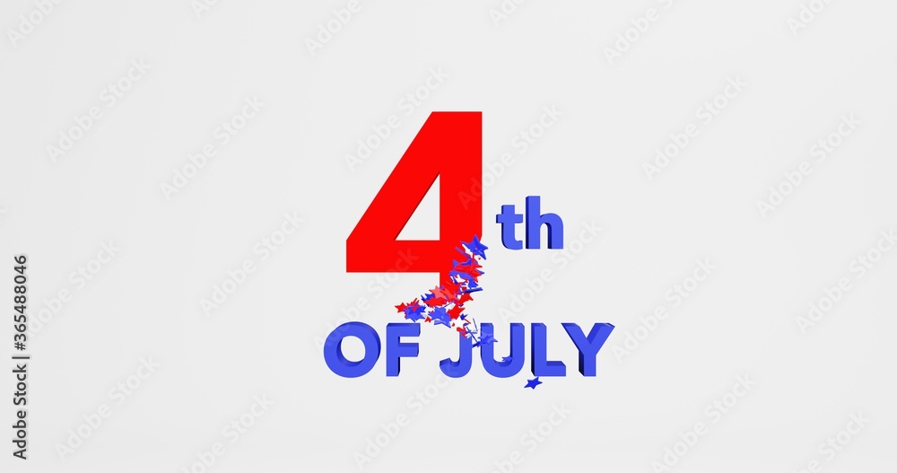 3d render. 4th of July. US Independence Day. A cloud of particles red, blue, white stars fly and connect to the number four. 3d render. 4th of July. US Independence Day. A cloud of particles red, blue, white stars fly and connect to the number four.