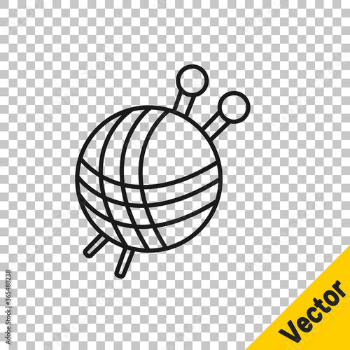Black line Yarn ball with knitting needles icon isolated on transparent background. Label for hand made, knitting or tailor shop. Vector Illustration.