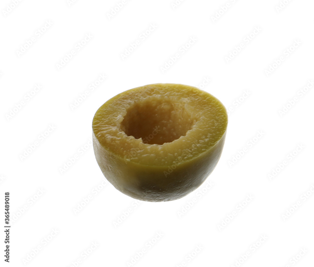 Piece of green olive isolated on white Piece of green olive isolated on white