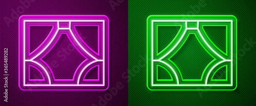 Glowing neon line Curtain icon isolated on purple and green background. For theater or opera scene backdrop, concert grand opening or cinema premiere. Vector Illustration.