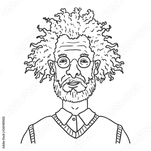 Vector Outline Character - Old Man with Curly Hair and Eyeglasses.