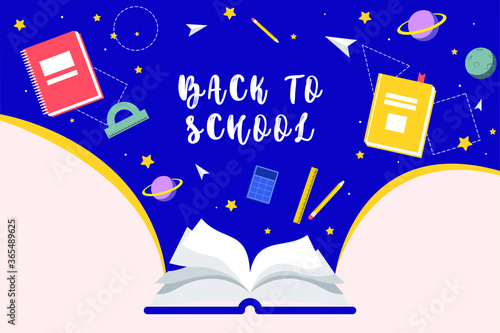 School textbook. School is coming soon. Return to school. Poster for school. Vector illustration. School subjects