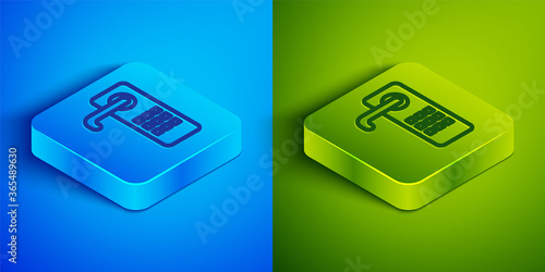 Isometric line Digital door lock with wireless technology for unlock icon isolated on blue and green background. Door handle sign. Security smart home. Square button. Vector Illustration.
